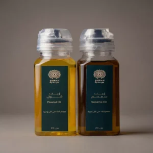 زجاجة زيت سمسم وزيت فول سوداني طبيعي معصور على البارد من متجر سدرة.