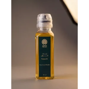 عبوة زيت فول سوداني طبيعي نقي من "سدرة" سعة 210 مل، زيت ذهبي في زجاجة أنيقة بتصميم عصري وشعار ذهبي.