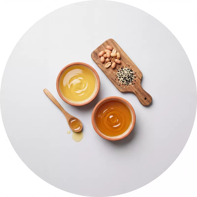 زيوت "سدرة" الطبيعية. تظهر ثلاثة أوانٍ فخارية ممتلئة بزيوت ذهبية نقية (زيت السمسم وزيت الفول السوداني) موضوعة على ألواح خشبية. يحيط بالأواني بذور السمسم الأبيض والأسود المنثورة، وحبات الفول السوداني المقشور، مع ملاعق خشبية تقطر بالزيت الصافي على خلفية رمادية فاتحة.